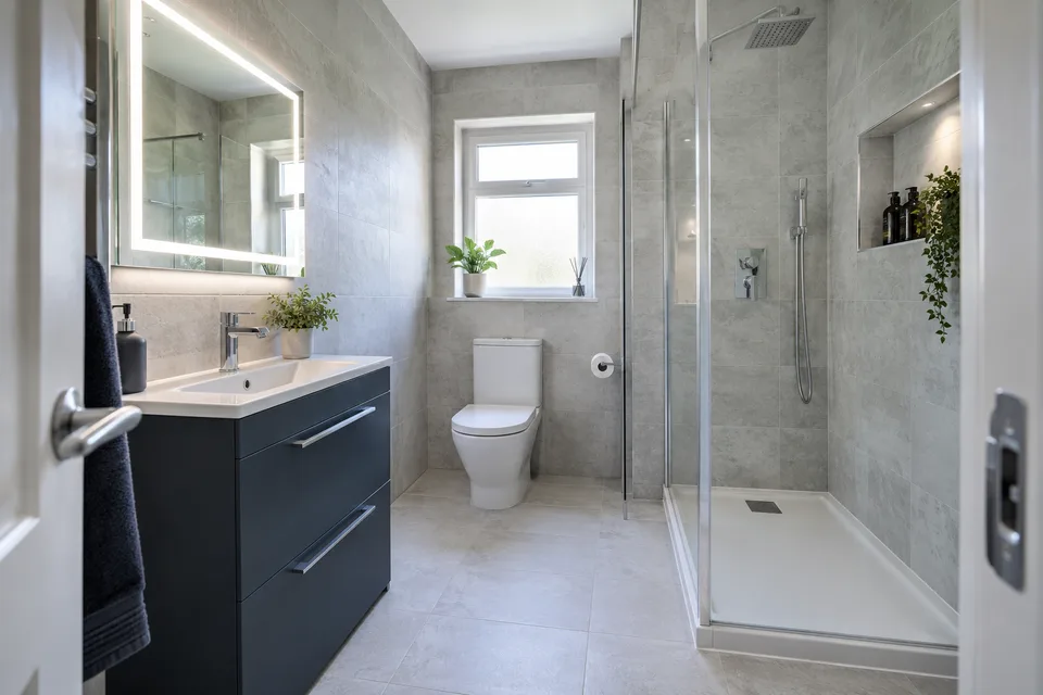 Contemporary shower, vanity and useful shelving