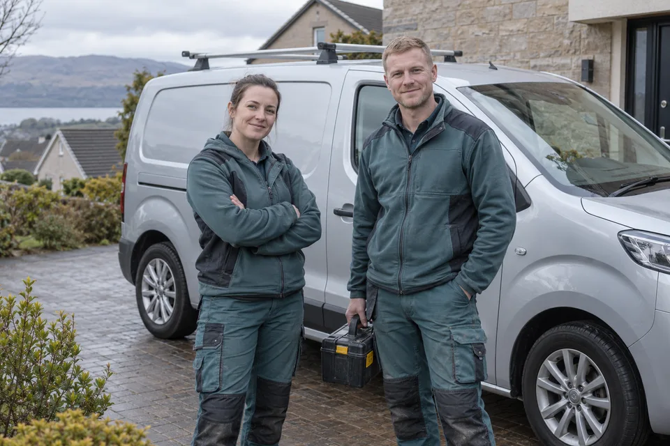 Bathroom fitting workwear beside a trade van